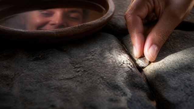Woman searching for a coin among stones while viewing her reflection in a bowl. Biblical parable about seeking, finding, persistence, and spiritual discovery.