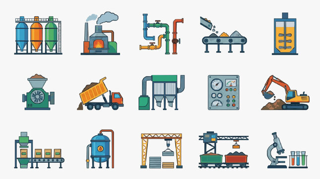 Modern Industrial Equipment and Machinery Showcasing Diverse Factory and Mining Processes in Colorful Style