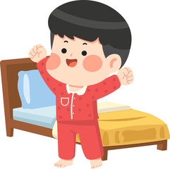A cheerful cartoon illustration of a little boy in red polka-dot pajamas waking up and stretching next to his bed. This bright and positive character design is perfect for children's books, morning ro