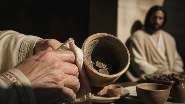 Man cleans the outside of a cup while coins remain inside, with Jesus seated at a meal. Biblical lesson about hypocrisy, inner purity, charity, and spiritual judgment.