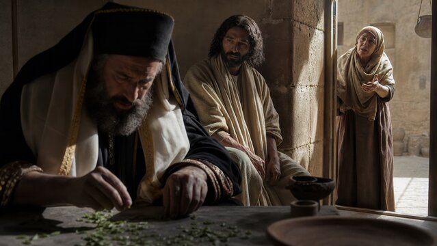 Jesus teaching a Pharisee during a meal in an ancient home. Biblical scene about inner purity, religious hypocrisy, judgment, mercy, and spiritual understanding from Luke chapter 11.