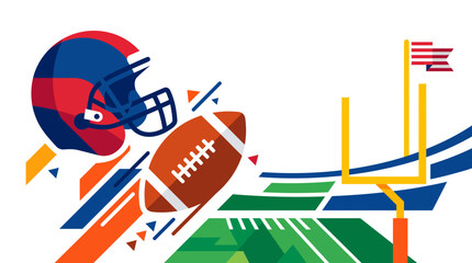 Naklejka premium Dynamic american football sports banner illustration featuring a helmet, a ball, and goal posts on a stylized field, perfect for championship game promotions, athletic events, or team spirit designs.