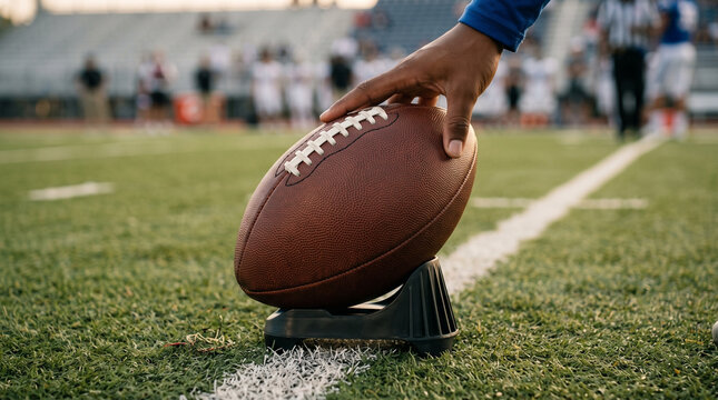 American football held on kickoff tee on field before game  