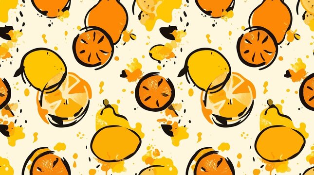 Vibrant  illustration of an orange juice pattern design element featuring stylized and interlocking shapes of oranges and juice splatters