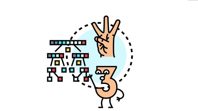Number character interacting with a hand showing three fingers and a hierarchical data structure, symbolizing problem solving, logical thinking, and mathematical computation
