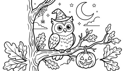 Cute owl wearing a wizard hat sitting on a tree branch with a jack-o-lantern pumpkin and spider web, line art illustration for Halloween coloring book page, black and white vector design element.
