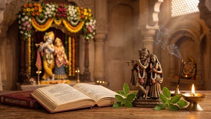 Fototapeta premium Radha Krishna and Bhagavad Gita – Sacred Hindu Devotion in Temple