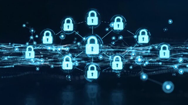 Abstract digital network of glowing blue padlocks, symbolizing secure data and robust cybersecurity protection, fostering trust and connection within advanced technology systems. Enhancing digital