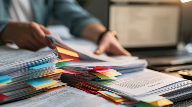 Property attorney comparing two sets of ownership and mortgage documents side by side during a title review, colored tabs marking sections but no legible labels, laptop in