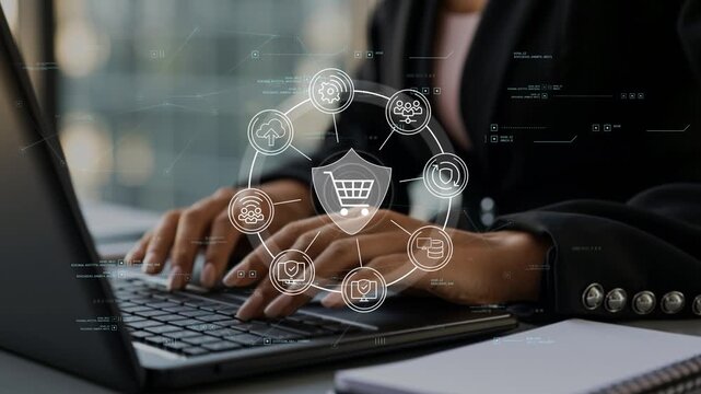 Businesswoman using a laptop in a modern office as a network of shopping, customer and protection icons forms around her, symbolizing digital trust, customer security and safe e-commerce experiences