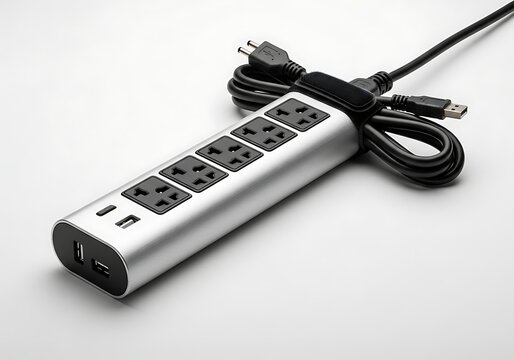Modern silver power strip with multiple electrical outlets and usb charging ports for home and office