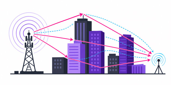 Urban radio signal reflection diffraction illustration
