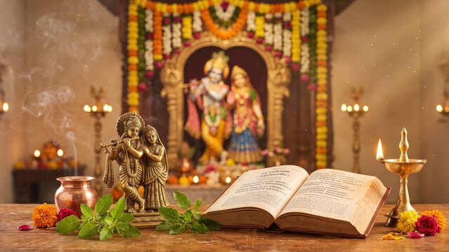 Ram Darbar and Ramayana Book &ndash; Sacred Hindu Devotion in Temple Sanctum
