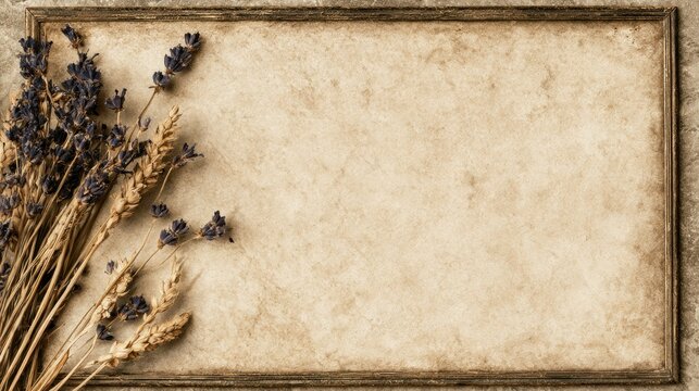 Vintage frame with dried lavender and wheat stalks on textured paper background