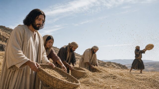 Jesus and disciples winnowing grain in a sunlit field. Biblical scene of shared labor, harvest, teamwork, and spiritual teaching in an ancient landscape.