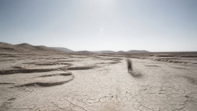 Blurred human silhouette wandering across a dry salt desert. Spiritual search for rest in a desolate wilderness. Biblical concept of the unclean spirit seeking peace in waterless places.