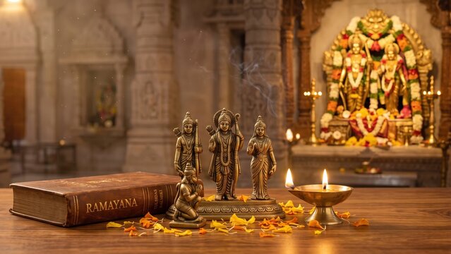 Ram Darbar and Ramayana Book &ndash; Sacred Hindu Devotion in Temple Sanctum

