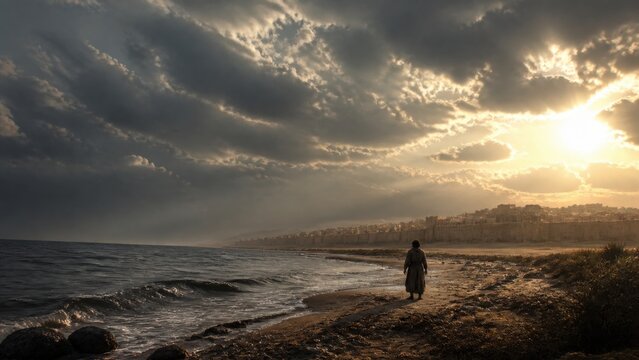 Jonah standing on a stormy shore after deliverance, facing the distant city of Nineveh. Biblical prophecy, repentance, divine mercy and the sign of Jonah.