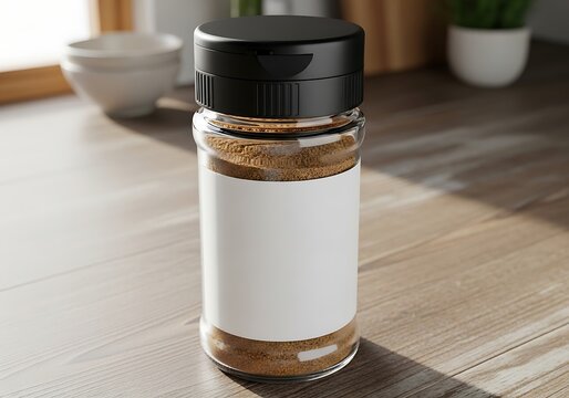 Small plastic spice jar with a black lid and blank label standing on a kitchen counter in the kitchen