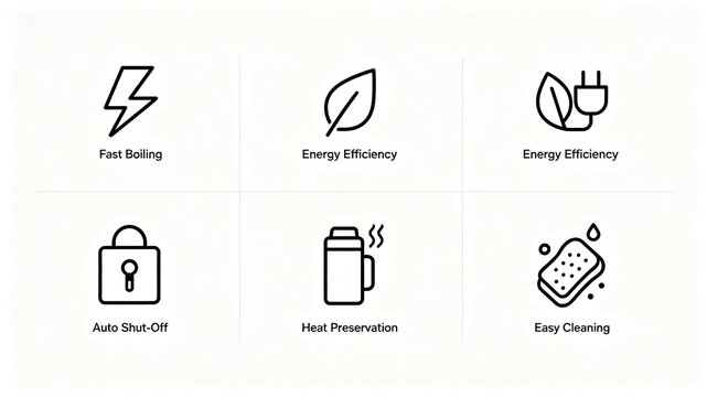 The layout of selling point icons for electric kettles represents the concept of fast boiling, energy-saving, and easy to clean insulation. It is suitable for product illustrations and detail modules.