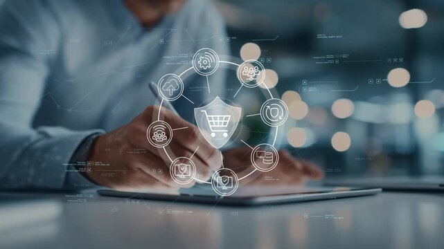 Businessman managing digital commerce operations, a circular system of shopping, user, cloud and security icons forms around him, illustrates secure marketplace platforms and online seller protection