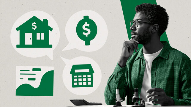 Home buyer comparing two mortgage scenarios: larger down payment with lower monthly payment versus smaller initial payment with higher monthly costs, calculator and abstract
