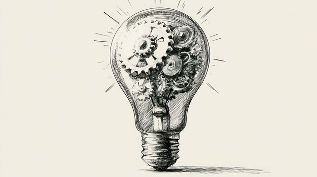 Pencil sketch of a lightbulb filled with intricate gears and mechanisms concept for innovation