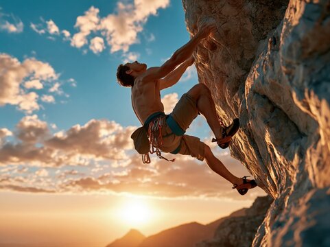 Climber ascends a rock face in the evening light near a coastal area