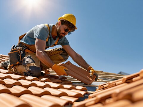 Worker builds roof with tiles under bright sun in residential area