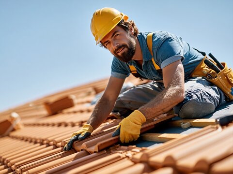 Working on a roof with orange tiles during bright daylight in a construction project