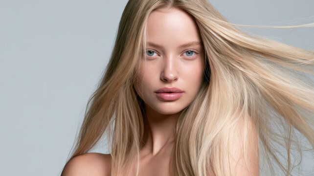 Blonde woman's beauty portrait with windblown hair framing her face, emphasizing natural skincare, healthy appearance, and a fresh, youthful glow