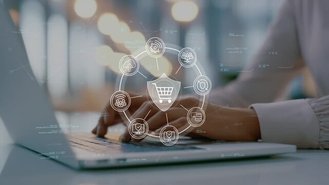 Businesswoman works in office as a circular digital interface with shopping, cloud, customer and security icons builds around her, representing secure ecommerce operations and online retail technology