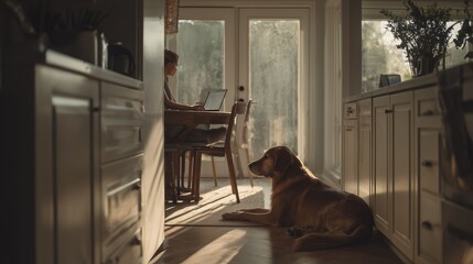 Obraz premium Woman working on laptop at kitchen table while golden retriever rests on floor in warm sunlight.