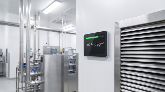 Indoor air quality monitor showing particulate matter concentration in clean industrial environment