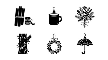 Fototapeta premium Set of black and white seasonal icons featuring winter holiday ornaments, festive wreath, cozy mug, and decorative floral bouquet for graphic design projects isolated on transparent background