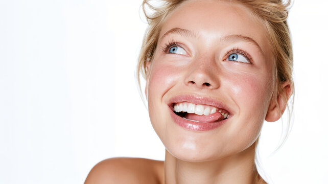 Young woman with blonde hair and blue eyes looking up, showing a joyful expression while playfully licking her lips, showcasing healthy skin, a bright smile, and perfect teeth