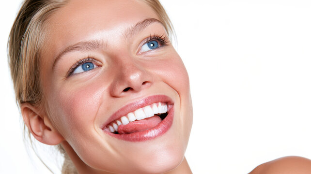 Young woman smiling with perfect white teeth, showing healthy glowing skin and natural beauty, expressing happiness, dental health, and confident lifestyle