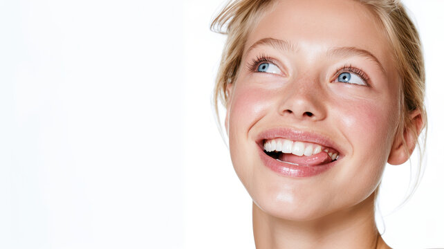 Young woman with natural beauty and radiant skin smiling, looking up while licking lips, expressing happiness, freshness, and healthy lifestyle on white background