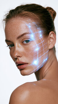 Woman's face with advanced biometric scanning technology, identifying and analyzing facial features for digital security, identity verification, and futuristic beauty applications