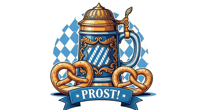 Traditional german beer stein with salted pretzels and prost banner for oktoberfest celebration and tavern menu