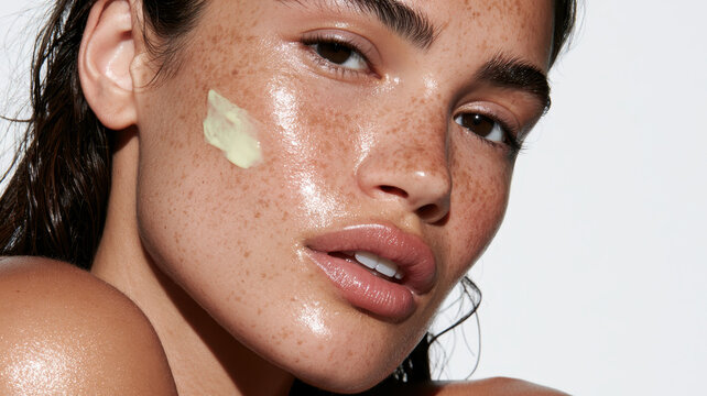 Woman applying face cream on her cheek, highlighting natural freckles and a radiant, hydrated complexion, representing beauty and skincare