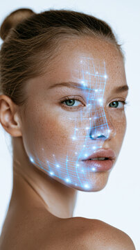 Woman experiencing biometric facial scanning technology. A digital grid and glowing points illustrating artificial intelligence. Identity verification