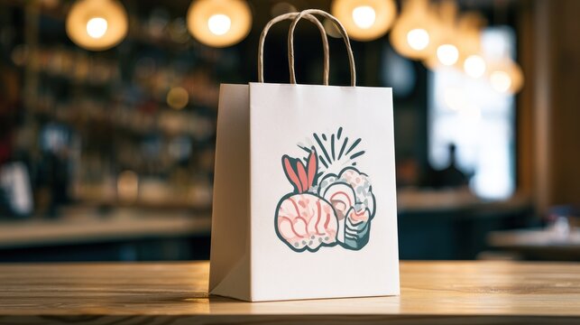 Paper shopping bag with stylized shrimp and sushi illustration transparent background