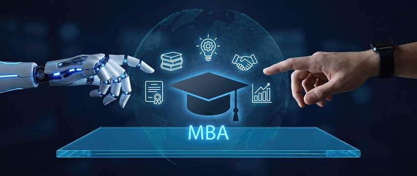 The intersection of technology and education a robotic hand and human hand pointing towards an mba graduation cap with business icons in a digital environment