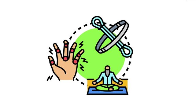 Hand experiencing joint pain with a person meditating and a resistance band depicting methods and exercises for improving joint mobility and reducing discomfort from arthritis