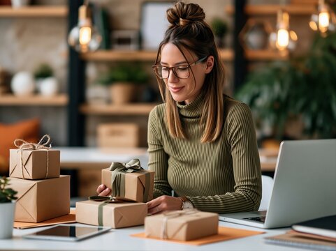 Woman works at a desk preparing gifts with boxes and laptop in a modern office space with plants around
