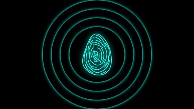 Glowing blue fingerprint stands inside neon concentric circles on dark. Biometric identity check portals display this fingerprint. Glowing blue fingerprint vectors pulse fast.