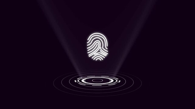 Glowing fingerprint icon floats above circular rings in dark scene. Identity verification portals show this fingerprint. Glowing fingerprint icon graphics pulse bright.