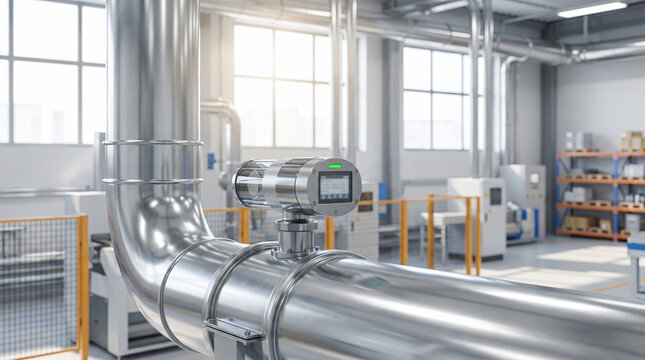 Industrial factory interior with stainless steel pipes and digital flow meter device