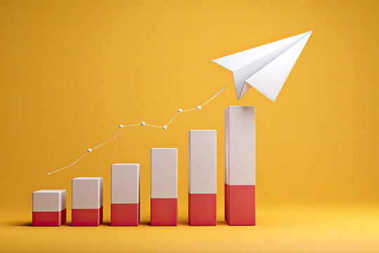 A rapidly growing bar chart and a paper airplane flying over it. 